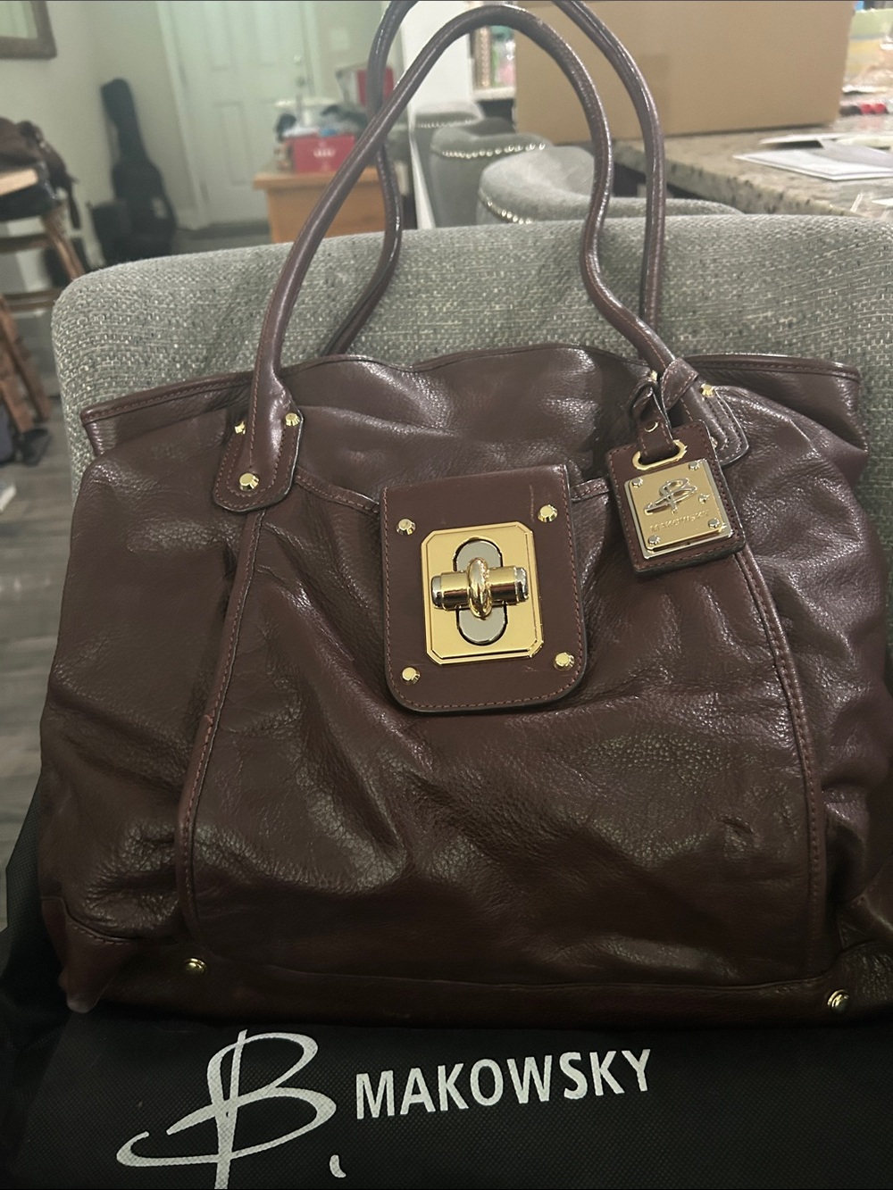 b. makowsky Brown Leather Satchel with Gold Hardware with dust bag